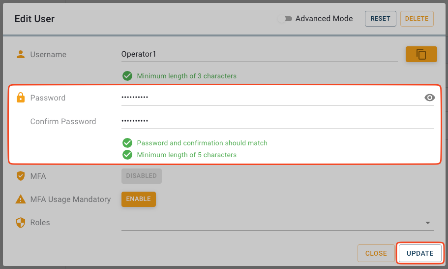 Change Password dialog